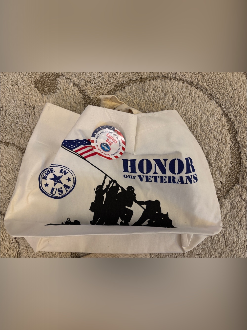 Honor Our Veterans Canvas Tote Bag with American Flag Print